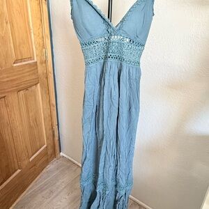 Boho Crochet Lace Open Back Maxi Dress – Sage Blue – Size L